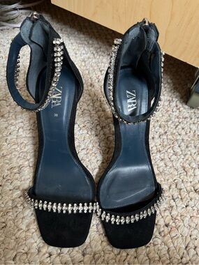 Zara Black Crystal-Embellished Ankle Strap Heels size 38